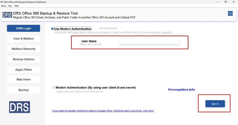 Authenticate your Office 365 account using valid admin or user credentials.