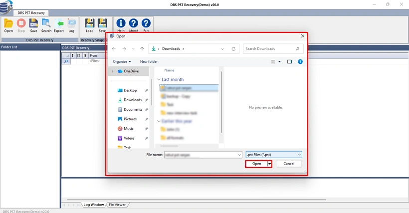 Browse and select the damaged PST file, then click Open to proceed.