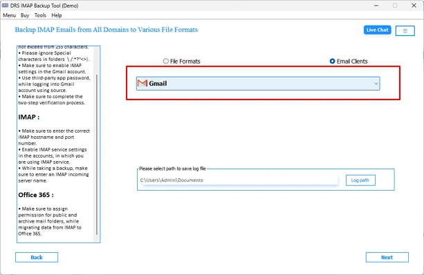 Now, you need to select Gmail as the destination from the drop-down list.