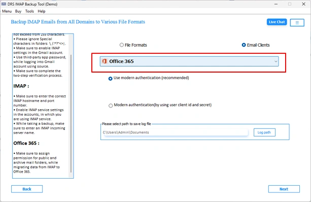 Choose Office 365 as the target platform from the Email Clients & press Next.