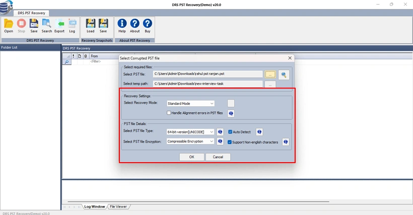 Adjust the available recovery settings as needed and click OK.