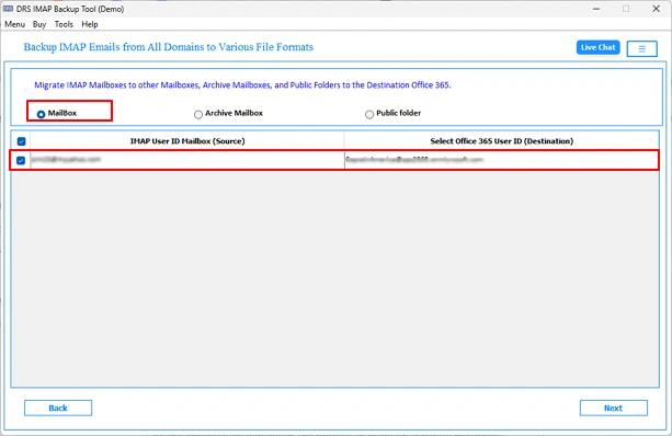 Choose the Source Data Type, such as Mailbox, Archive Mailbox, or Public Folder, to migrate. Also, select the Source and Destination ID.