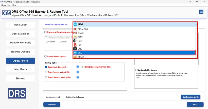 Choose MSG as the desired output format from the available options.