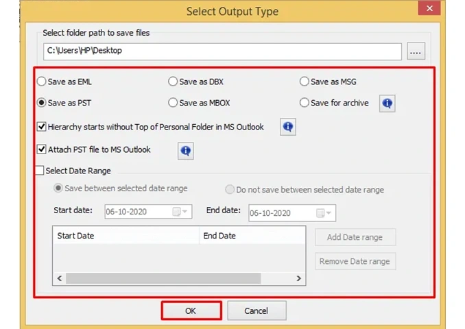 Configure the required saving options & additional features, then click OK.