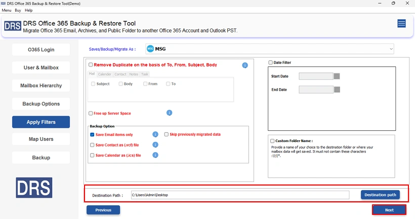 Thereafter, you have to set the destination folder path & press Next.