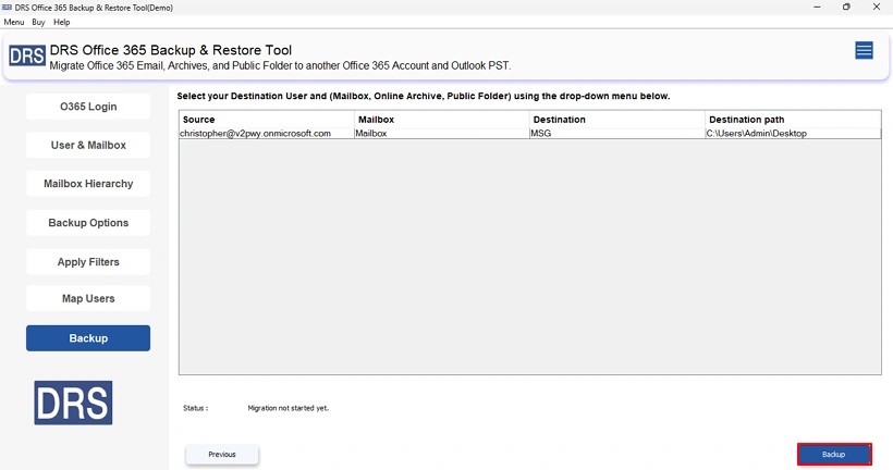 Finally, you need to click Backup to begin the MSG export process.