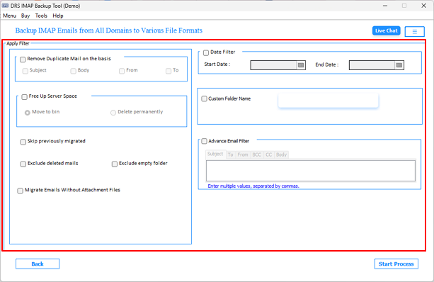 Configure date range filters or duplicate elimination parameters as per migration requirements.