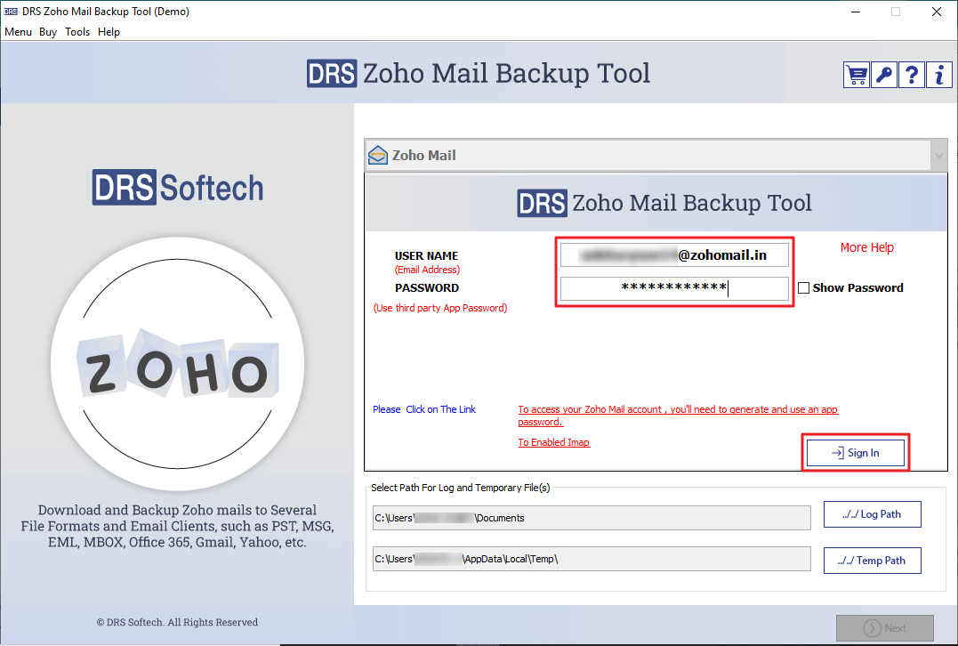 MigrateEmails Zoho Migration Tool Screenshot